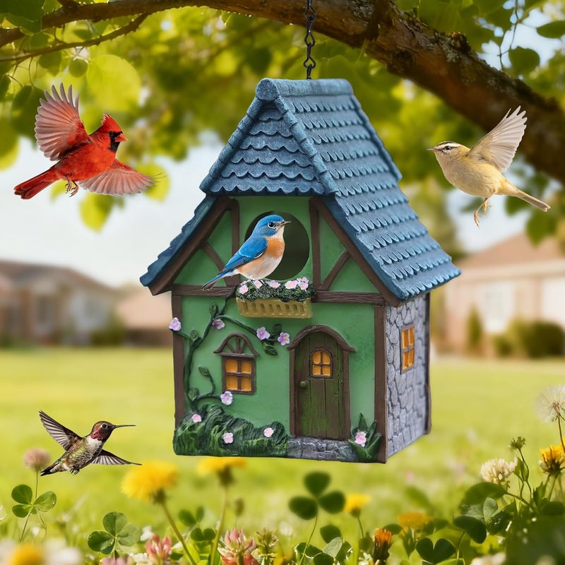 MINWOLF Bird Houses for Outside Cottage Garden Birdhouse –Green Resin Birdhouses for Outdoors with Flower and Stone Details for Bluebird Finches Cardinals Bird Nesting Garden, Patio, Yard - Image 1